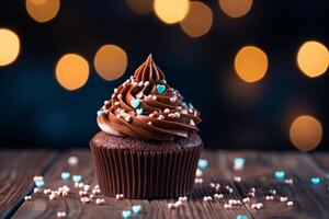 ai gegenereerd chocola verleiding koekje Aan houten tafel met hart vormig bokeh foto