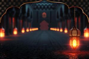 ai gegenereerd visie realistisch Ramadan achtergrond met verlichte lantaarn gieten een warm gloed foto