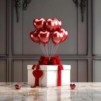 ai gegenereerd romantisch geschenk wit doos met rood lint, hart ballonnen mockup voor sociaal media post grootte foto