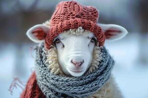 ai gegenereerd humoristisch winter tintje schattig schapen dons gebreid sjaal en muts foto