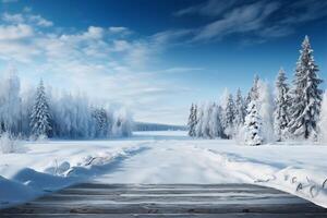 ai gegenereerd besneeuwd panorama winter landschap met bomen gedekt in glinsterend sneeuw foto
