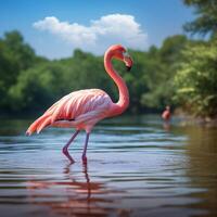 ai gegenereerd bevallig elegantie roze flamingo zwemmen Aan een sereen meer voor sociaal media post grootte foto