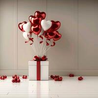 ai gegenereerd liefde themed mockup matte wit doos, glimmend rood lint, hart ballonnen voor sociaal media post grootte foto