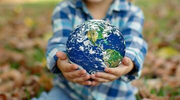 ai gegenereerd kinderen handen houden miniatuur aarde planeet. ecologie, milieu bescherming, aarde dag. ai gegenereerd foto