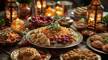 ai gegenereerd rijkelijk reeks tafel met traditioneel eid al-fitr borden. biryani, maamoul, puur Khurma. ai gegenereerd foto