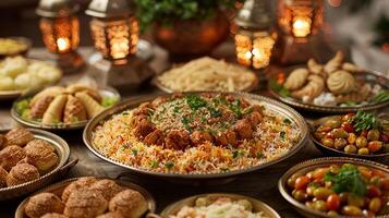 ai gegenereerd rijkelijk reeks tafel met traditioneel eid al-fitr borden. biryani, maamoul, puur Khurma. ai gegenereerd foto