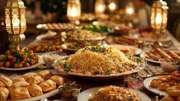 ai gegenereerd rijkelijk reeks tafel met traditioneel eid al-fitr borden. biryani, maamoul, puur Khurma. ai gegenereerd foto