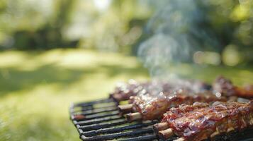 ai gegenereerd sissend bbq ribben, detailopname van barbecue rooster met watertanden ribben, achtergrond met een wazig groen gazon. uitgebreid ruimte voor tekst Aan de kant. foto