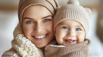 ai gegenereerd liefhebbend moeder zorgzaam voor haar pasgeboren baby Bij huis. blij speeltijd foto