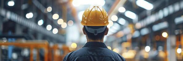 ai gegenereerd fabriek ingenieur, professioneel Mens in uniform en veiligheid moeilijk hoed Bij werkstation foto