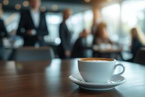 ai gegenereerd bedrijf mensen staand in de omgeving van een tafel met koffie foto