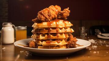 ai gegenereerd wafels met karamel saus Aan een houten tafel in een restaurant. foto