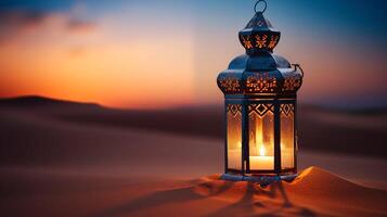ai gegenereerd lichtgevend lantaarn Aan woestijn zand, Ramadan kareem foto