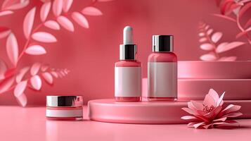 ai gegenereerd huidsverzorging producten mockup met roze achtergrond foto