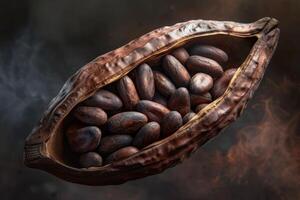 ai gegenereerd Open cacao fruit met cacao bonen binnen foto