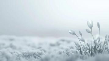 ai gegenereerd banier bloesem sneeuwklokjes Aan een opruimen in de sneeuw in lente, voorjaar concept, natuur ontwaken foto