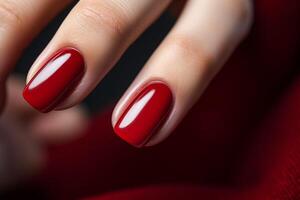 ai gegenereerd aantrekkingskracht vrouw hand- met klassiek rood nagel Pools Aan haar vingernagels. rood nagel manicure met gel Pools Bij luxe schoonheid salon. nagel kunst en ontwerp. vrouw hand- model. Frans manicuren. foto