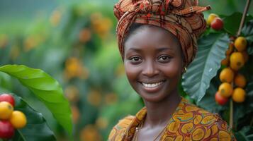 ai gegenereerd Afrikaanse jong vrouw verzamelen koffie kersen, oosten- Afrika foto