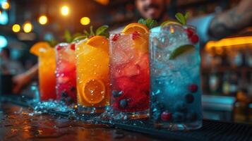 ai gegenereerd kleurrijk cocktail schoten in de bar met de vaardigheid van de barman. foto