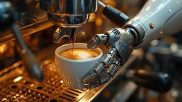 ai gegenereerd een robot barista is maken koffie Bij een koffie winkel. foto