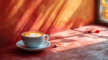 ai gegenereerd latte koffie. vroeg ochtend- zon licht. kopiëren ruimte. foto