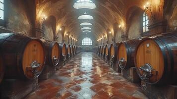ai gegenereerd kelder met wijn vaten in Italië ,kopiëren ruimte foto