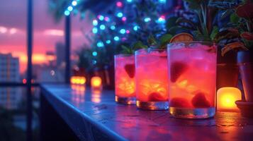 ai gegenereerd cocktail uit van glas in neon lichten, ruimte voor tekst foto