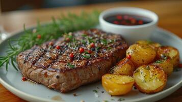 ai gegenereerd heerlijk rundvlees steak in restaurant voor avondeten foto