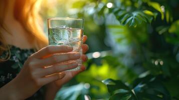 ai gegenereerd dichtbij omhoog hand- vrouw Holding glas van drinken water, natuur foto