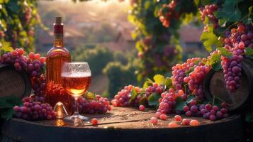 ai gegenereerd flessen en wijn bril met druiven en vaten in platteland tafereel. kopiëren afbeelding. foto