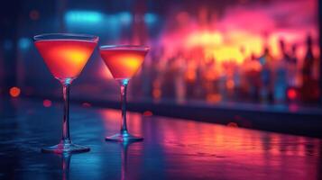 ai gegenereerd cocktail uit van glas in neon lichten, ruimte voor tekst foto