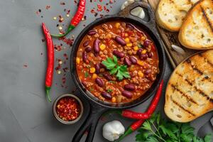 ai gegenereerd Mexicaans heet Chili con carne, bonen, fijngehakt vlees en groenten stoofpot in tomaat saus foto