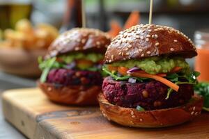 ai gegenereerd veganistisch biet kikkererwten hamburgers met groenten, guacamole foto