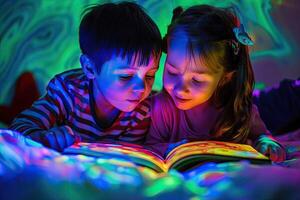 ai gegenereerd kinderen lezing een boek samen. Internationale kinderen boek dag foto