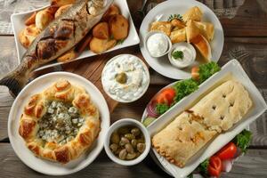 ai gegenereerd Grieks voedsel, salade, meze, taart, vis, tzatziki, dolma foto