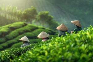 ai gegenereerd vrouw arbeiders verzamelen oogsten thee bladeren door hand- Bij thee plantage foto