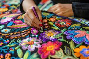 ai gegenereerd Mexicaans borduurwerk met cactussen, bloemen, vogels, kralen foto