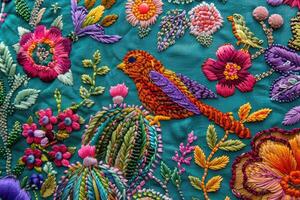 ai gegenereerd Mexicaans borduurwerk met cactussen, bloemen, vogels, kralen foto