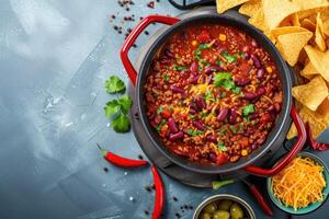 ai gegenereerd Mexicaans heet Chili con carne, bonen, fijngehakt vlees en groenten stoofpot in tomaat saus foto