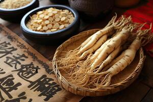 ai gegenereerd wild ginseng wortels plant, Chinese kruiden apotheek foto