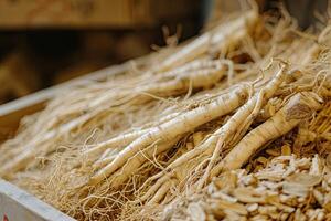 ai gegenereerd wild ginseng wortels plant, Chinese kruiden apotheek foto