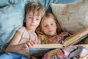 ai gegenereerd kinderen lezing een boek samen. Internationale kinderen boek dag foto