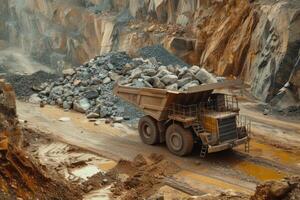 ai gegenereerd groot steengroeve dump vrachtauto in de mijne, groeve. bezig met laden en vervoer mineralen foto