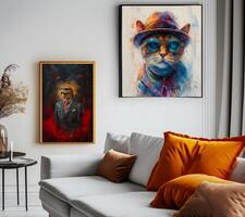 ai gegenereerd ontwerp een chique en elegant kamer afbeelding. versierd met mooi afbeelding kaders en schilderijen. foto