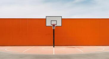 ai gegenereerd minimalistische buitenshuis stedelijk basketbal rechtbank met oranje muur. sport spel speelplaats. generatief ai foto