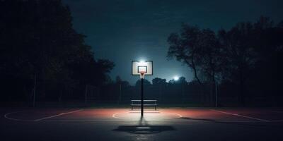 ai gegenereerd buitenshuis basketbal rechtbank Bij nacht. openbaar stedelijk streetball speelplaats. generatief ai foto