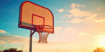 ai gegenereerd basketbal hoepel met rood schets tegen een zonsondergang lucht met wolken. buitenshuis vrije tijd, sport- wedstrijd. generatief ai foto