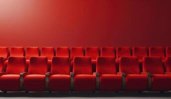 ai gegenereerd strak rood bioscoop stoelen tegen een monochromatisch rood achtergrond. concept van amusement. voorkant visie. generatief ai foto