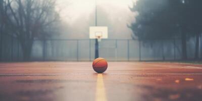 ai gegenereerd basketbal Aan stedelijk leeg rechtbank met de nevel achtergrond. buiten streetball speelplaats. generatief ai foto