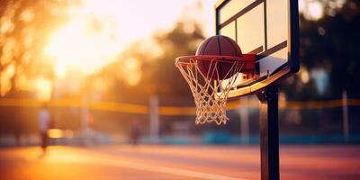 ai gegenereerd basketbal scoren een doel Bij zonsondergang met warm achtergrondverlichting Aan buitenshuis rechtbank. generatief ai foto